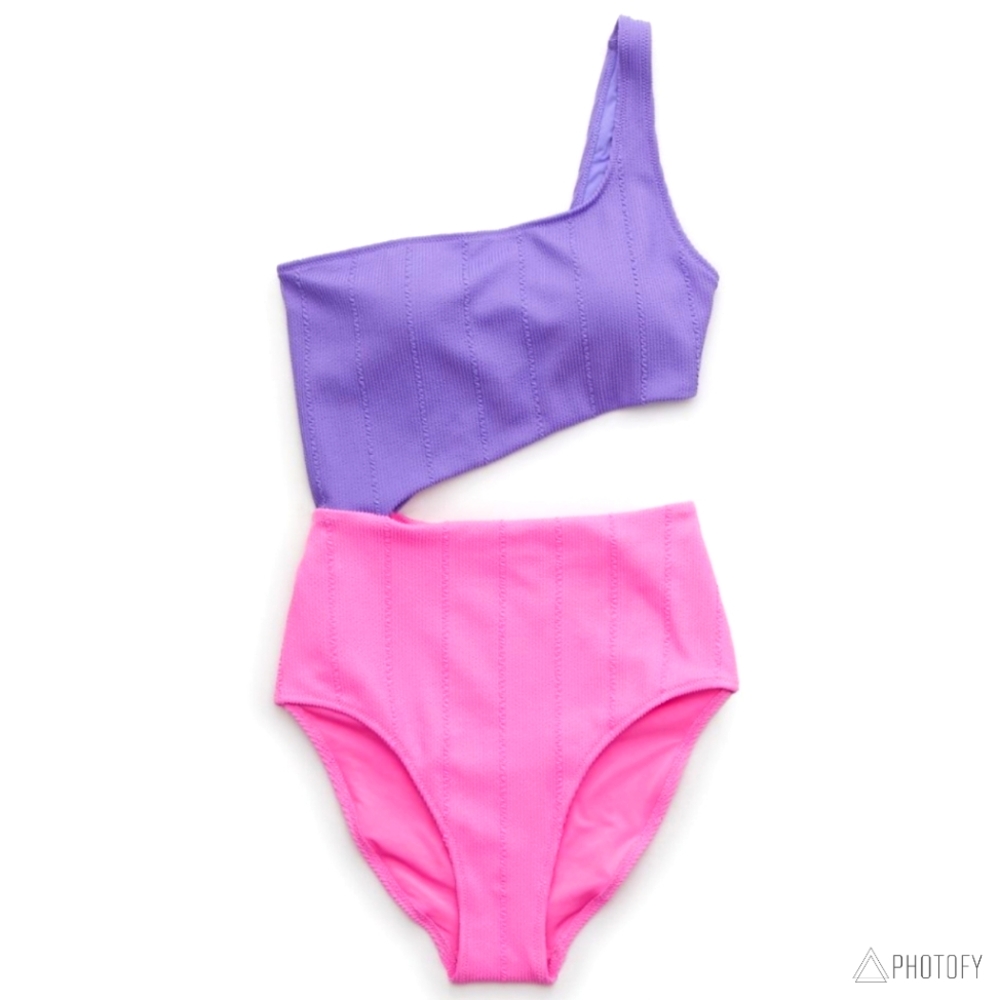 NWT Women's Aerie Asymmetrical Crinkle Cut Out One Piece Swimsuit Pink Purple